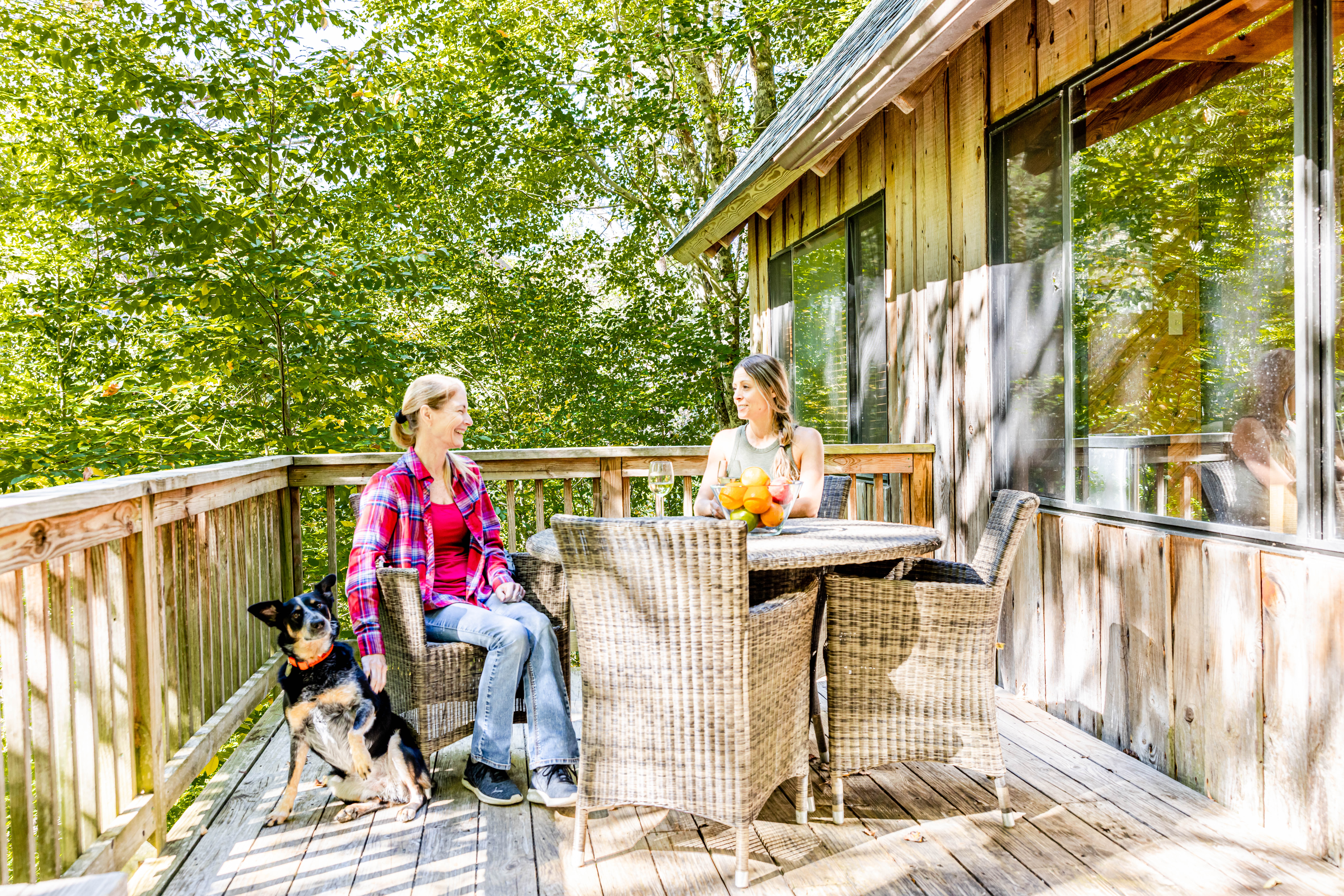 two women sitting on outdoor patio of elm cabin with a dog