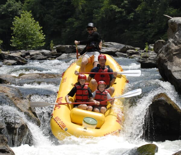 a raft with kids and a guide go down a rapid on the chattooga river
