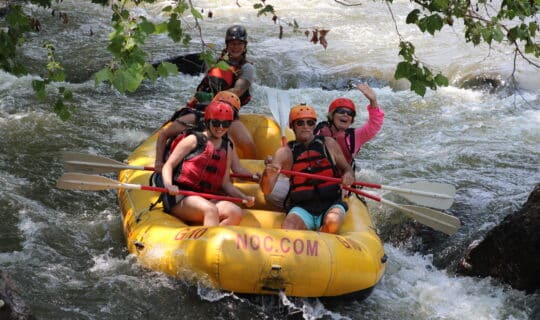 A group rafts down the French Broad River.
