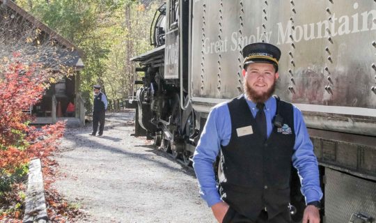 Train conductor standing by train