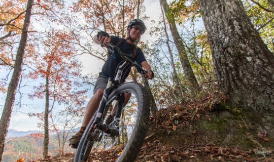 Close up of mountain biker riding through forest in autumn.