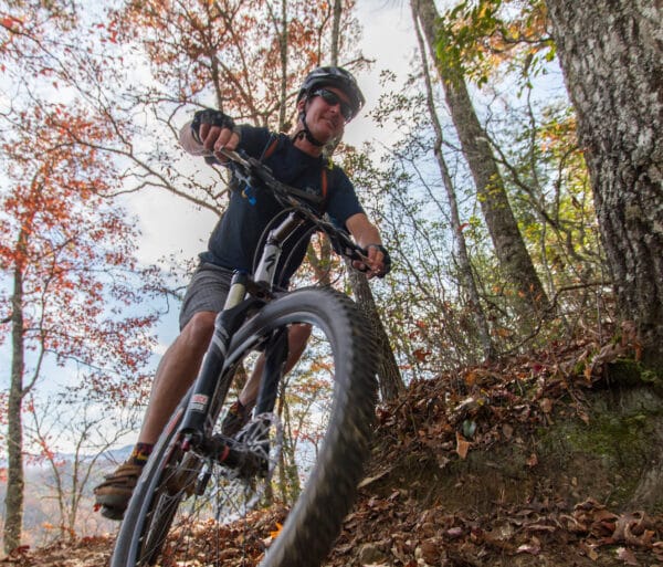 Close up of mountain biker riding through forest in autumn.