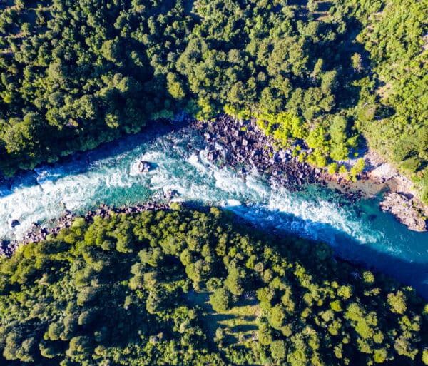 Aerial shot of river in Futaleufu