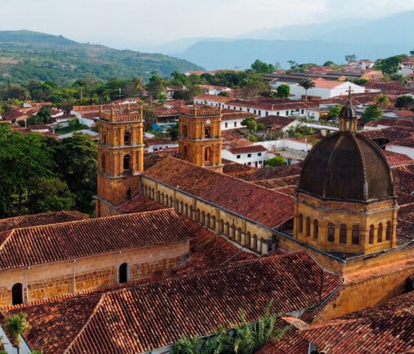 aerial view of a large colonial building and village in colombia