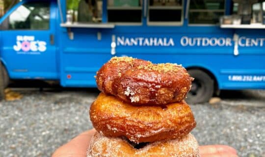 Hand holding up delicious donuts in front of an awesome food truck.