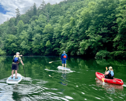 Flatwater paddling in a kayak and SUP
