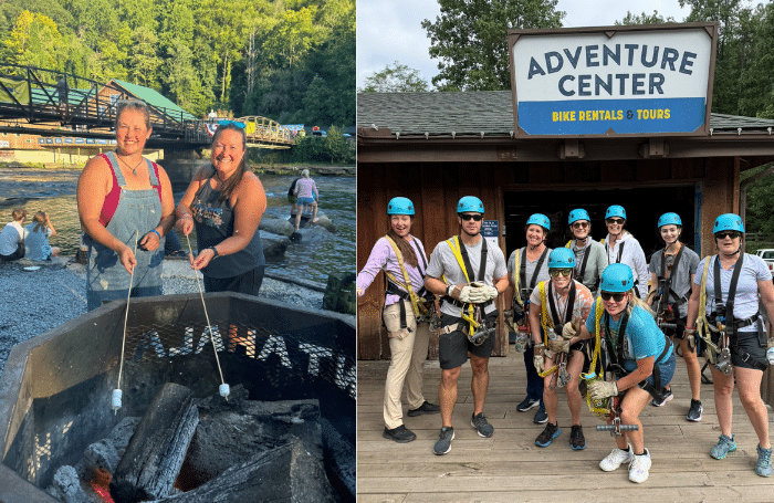 Friends roasting marshmallows by a riverside fire and a group geared up in helmets and harnesses outside the NOC Adventure Center for a zip line tour.