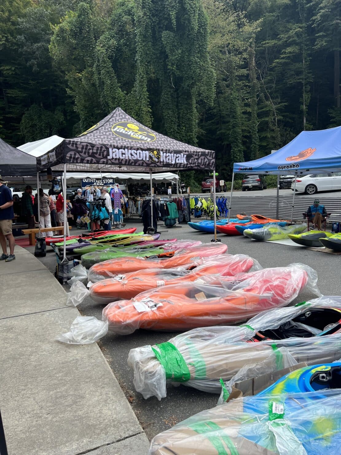 A shot of a bunch of kayaks being offered by vendors at Guest Appreciation Festival at Nantahala Outdoor Center