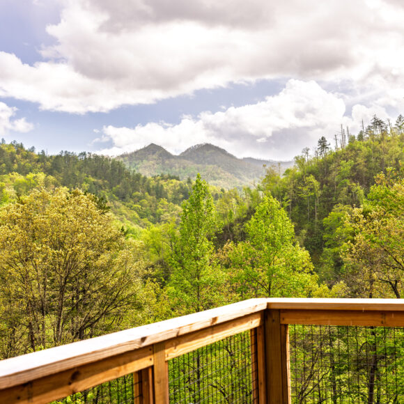 A view from a wooden deck of green trees and mountains
