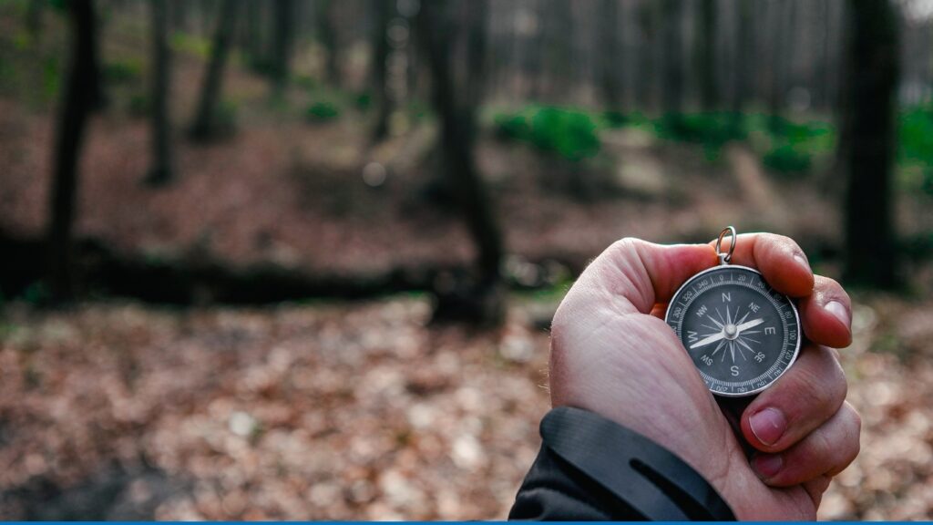 Hand holding a compass in the woods.