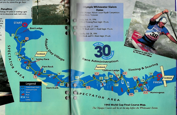 Map of the Ocoee River Olympic whitewater slalom course showing rapids like Humongous and Slam Dunk with race layout