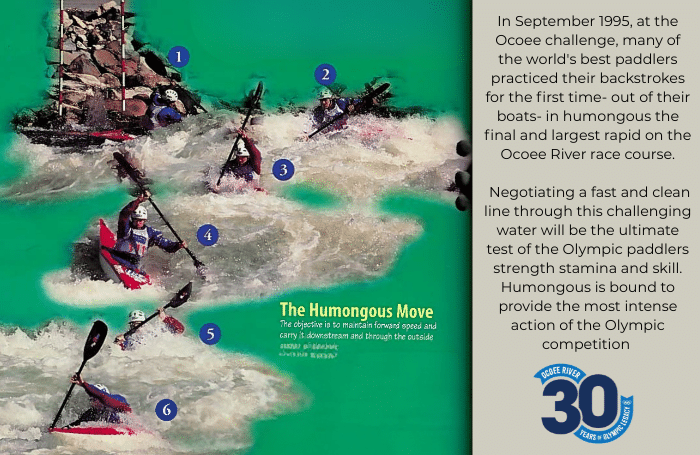 Kayakers navigating the Humongous rapid on the Ocoee River Olympic slalom course during competition