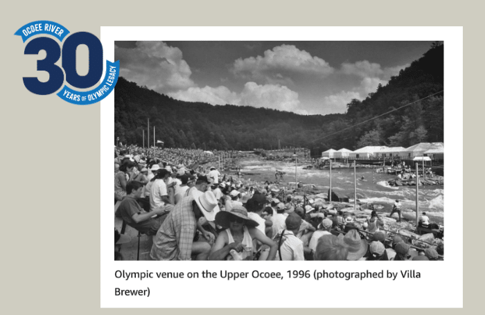 Large crowd watching Olympic whitewater slalom competition on the Ocoee River in 1996