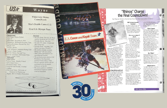 Collage of NOC athletes and US Olympic canoe and kayak team members from 1996 with historic river images