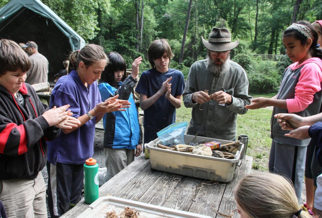 School group in an outdoor skills class