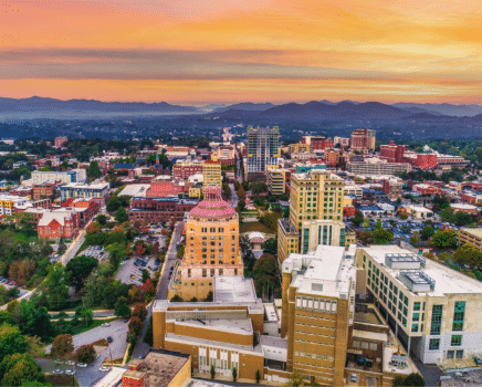 Downtown Asheville, North Carolina at sunset