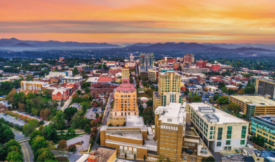 Downtown Asheville, North Carolina at sunset