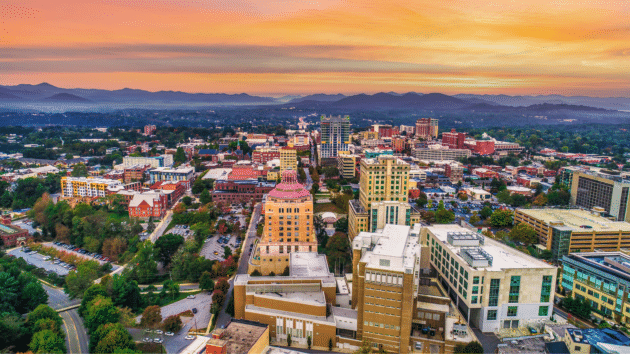 Downtown Asheville, North Carolina at sunset