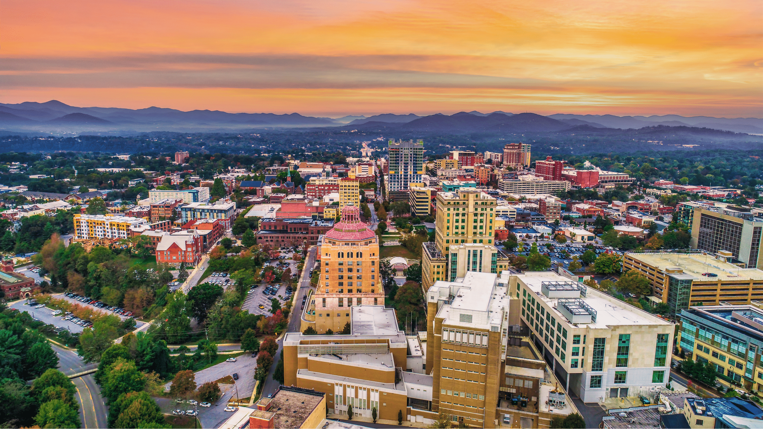 Downtown Asheville, North Carolina at sunset