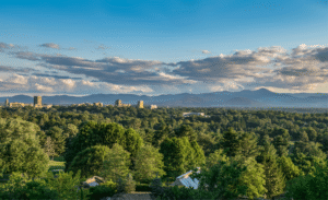 Downtown Asheville, NC with mountains in the distance.
