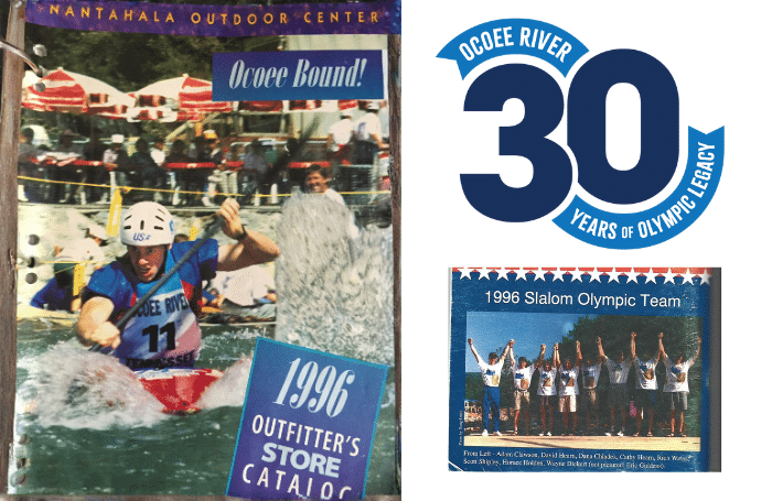 Historic image of a paddler on the Ocoee River during the 1996 Olympic whitewater slalom with 30 year legacy graphic and team photo