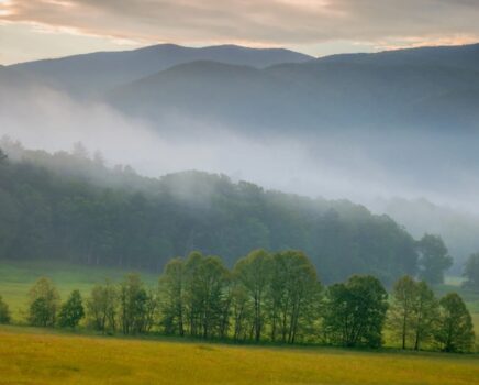 Cade's Cove in the Great Smoky Mountains National Park with meadows and misty mountains in the background.