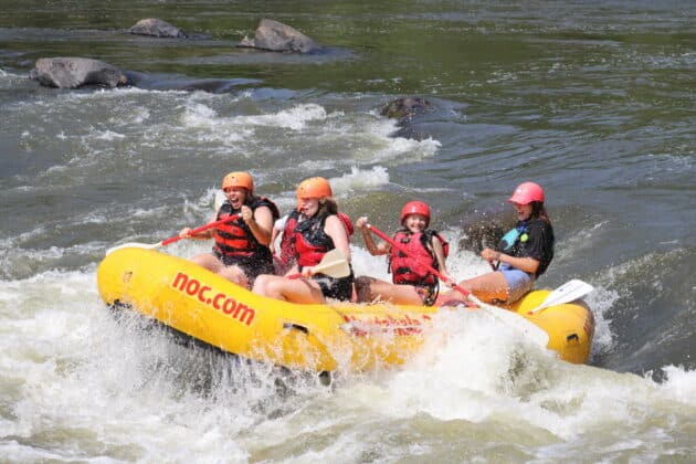 guests going down a rapid on the french broad river in a yellow raft